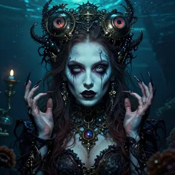 in the style of joshua middleton, beautiful alison brie magician, black magic spells, creepy pose, bioshock, spooky, symmetrical face symmetrical eyes, three point lighting, detailed realistic eyes, aquapunk, insanely detailed and intricate elegant, artgerm, underwater home