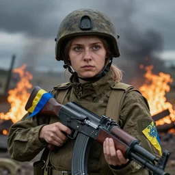 ukrainian woman - soldier with kalashnikov gun, beautiful epic photography, high quality, profound gaze, big blown eyes, yellow and blue ribbons, emotionally touching, digital art, dramatic sky, battlefield, fire