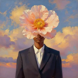 portrait, giant flower under head, black woman in suit, surreal photography, golden hour, colorful clouds, impressionist painting, digital painting, artstation, simon stalenhag