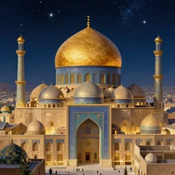 a dome - covered city resembling ancient baghdad at night with the sky full of stars, intricate, elegant, highly detailed, digital painting, artstation, concept art, smooth, sharp focus, colored illustration for tattoo, art by krenz cushart and artem demura and alphonse mucha,
