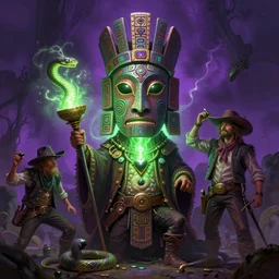 hyperreal totem snakeoil brand snake oil salesman petroleum cowboy totem aztek greeble tribal style heartstone ornate fantasy dofus by Krzysztof Maziarz artstation wild west alchemical afrika mask color radiating a glowing aura, purple green color scheme Lois van baarle, ilya kuvshinov, rossdraws global illumination
