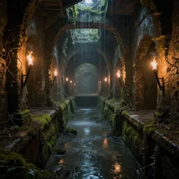 inside the ancient flooded sewers in the old part of the city. fantasy art, dripping water, standing water, channel, stagnant water, rivulets, musty, moss, vines, abandoned spaces, torch - lit, dungeons and dragons.