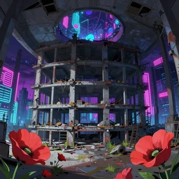 a beautiful detailed anime illustration of architecture unfinished building abandoned urbex city room by henri rousseau, neon noir mars poppy fisheye gem, archdaily, wallpaper, highly detailed, trending on artstation.