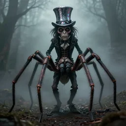 daddy longlegs, a lanky seven ft tall creepy spider creature wearing victorian era clothes and a sequin, iridescent silver top hat, atmospheric, foggy, gothic horror hammer film style