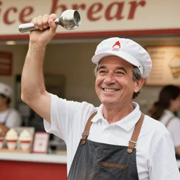 ice cream man holding a silver ice cream scoop up in the air, wearing a white soda jerk hat, smiling cheerfully, chesley bonestell, vincent di fate