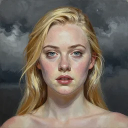 professional painting of Elle Fanning in the style of Jack Gaughan, head and shoulders portrait, symmetrical facial features, smooth, sharp focus, illustration, intricate, stormy weather, extremely detailed masterpiece,