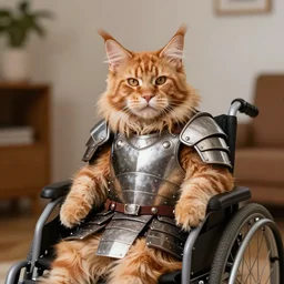 orange maine coon cat, wearing full plate armor, sitting on a wheelchair