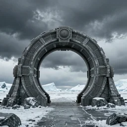 a circular stone stargate in antarctica, intricate, octane render, photorealistic, matte painting, high definition, stormy clouds, scifi