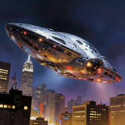 low angle of a large shiny extraterrestrial spaceship landing in a futuristic new york city, in the style of frank frazetta and h. r. giger, ultra realistic, atmosphere, glow, detailed, intricate, colorful, cinematic lighting, trending on artstation, 4 k, hyper - realistic, immersed, extreme details, cinematic, masterpiece