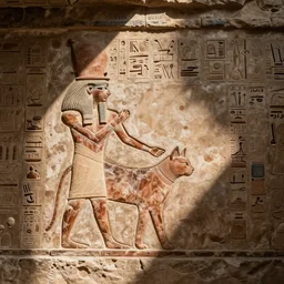 ancient egyptian wall writing with drawing of a cat