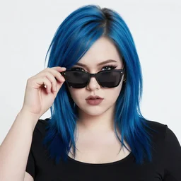 realistic high key portrait photo of a beautiful chubby pale goth girl with asymmetrical blue hair and badass euro design sunglasses hiding a secret. by nagel, shin jeongho, nick silva and ilya kuvshinov, deviantart, detailed character design, 8 k resolution