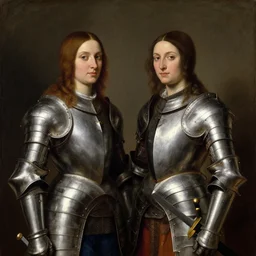 a painting of two woman in armor with a sword, a character portrait by john everett millais, trending on cgsociety, pre - raphaelitism, pre - raphaelite, da vinci, studio portrait