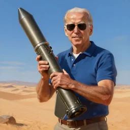 Joe Biden holding a rocket launcher in the desert, digital painting, wearing sunglasses, epic, realistic, trending on artstation, highly detailed