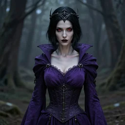 full portrait of a dark fantasy female necromancer, skinny, saggy purple robes, pretty, black bob haircut, red eyes, circlet, corset, finesse, key visual, realistic shaded perfect face, gloom, fine details, forest background, smooth, highly detailed, digital illustration, by artgerm, rossdraws, frank franzzeta