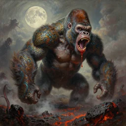 concept art of giant gorilla, lava rocks, renaissance, roaring, melting horror, round moon, rich clouds, fighting the horrors of the unknown, overgrowth, very detailed, volumetric light, mist, fine art, decaying, textured oil over canvas, epic fantasy art, very colorful, ornate scales, marc simonetti