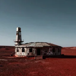 abandoned base in mars, dark red ambience, very clear sky, photographic