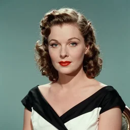 the image is a lost hollywood kodachrome film still photograph of in this image, a beautiful scottish actress from the 1 9 5 0 s. she is pictured in a classic black and white dress with her hair styled in soft curls. the actress has a gentle and sophisticated look in her eyes, which is accentuated by her perfectly applied red lipstick. vibrant cinematography, anamorphic lenses,