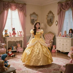 movie still 4 k uhd 3 5 mm film color photograph of an princess room full of toys and dolls