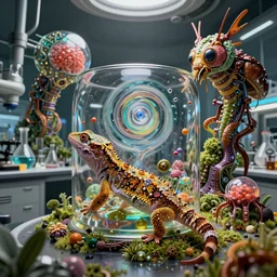 photo of a science lab, wired gekko, gelatinosis glass, retro futurism, lush layered biomechanical fauna, insectoid, flux symbiosis, gekko soles gelatin brains,, detailed chaos, artificial, vortices micro water,, octane render, by peter mohrbacher and beeple and alex grey