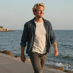 happy blonde english man walking by the sea, smile, fluent composition, concept art, ambient light, 4 k, intricate details, highly professionally detailed, cgsociety, highly detailed -