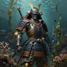 a beautiful portrait painting of an ornate samurai warrior, maschinen krieger, futuristic crab armor, underwater foliage coral and seaweed, extremely detailed, studio lighting, 3 5 mm, by igor woloski as featured on artstation 3 d