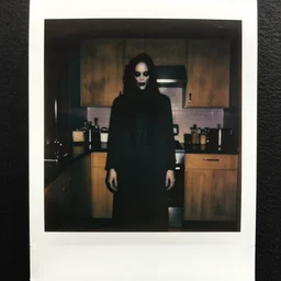 paranormal polaroid of a singular demonic ghost standing in the kitchen, low key lighting, creepy atmosphere, unnerving