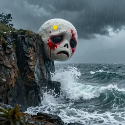 the pain is splattered on the sad monster's face on a rainy day with stormy waves crashing against a cliff, hints of red and yellow, fantasy, unreal engine