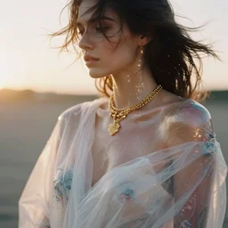 filmstill photography of female body covered with white translucent blanket acrylic liquid colors, luxurious supermodel photoshooting, golden jewelry, bokeh, godrays, strong wind, wrinkles, sunrays, sunset