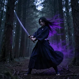 girl with a long skirt swinging a big katana in the forest with wind blowing the trees, purple aura, scary atmosphere
