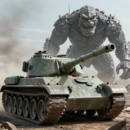 An epic battle between a tank and a giant monster. The tank barrel has been ripped off the tank. A shell is exploding in the monster's torso. The crew is abandoning the tank right before it explodes. In the style of Studio Ghibli.