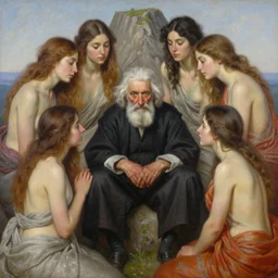 the old man of the mountain surrounded by beautiful girls, art by edwin longsden long and theodore ralli and nasreddine dinet and adam styka. masterful intricate art. oil on canvas, excellent lighting, high detail, 8 k