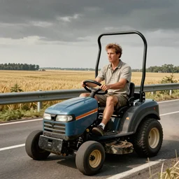 man driving lawnmower on highway in the style of Hieronymus Bosch