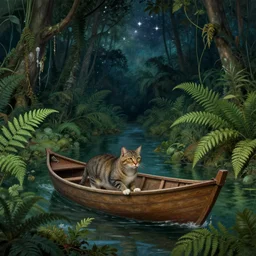 cat in a boat, ferns, jungle, night, stars, highly detailed, unreal engine render concept art, style of henri rousseau and richard scarry and hiroshi yoshida and etel adnan