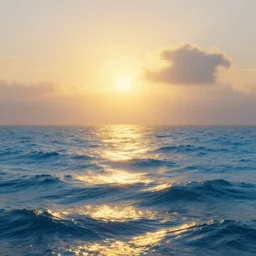 open sea, sunset, golden light, azure waves, sparkling sea, clouds and fog, whimsical, detailed, volumetric lights, intricate details, raytracing, great complexity, cinematic, film, 8 k, octane render by ivan aivazovsky and noah bradley
