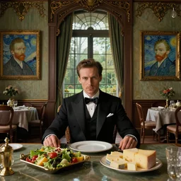 Detailed matte painting glamour shot of a dapper male sitting at a desk with a tray of salad next to a fine cheese plate by Karol Bak and Thomas Eakins, centered, inside interior Victorian art deco elegant dining room with large windows with view of forest by Lee Madgwick and Canaletto, by Beeple, unreal engine, trending on artstation and behance, famous artwork by Van Gogh hanging on walls, volumetric lighting, cinematic lighting, realistic lighting, detailed lighting, 4k hd wallpaper