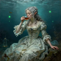 a 1 8 th century, messy, silver haired, ( ( ( mad ) ) ) elf princess ( look like ( ( young kate winslet ) ) ), dressed in a frilly ( ( ragged ) ), wedding dress, is ( ( drinking a cup of tea ) ). everything is underwater! and floating. greenish blue tones, theatrical, ( ( green lights ) ) fantasy oil canvas by john william waterhouse