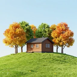a cabin on a small hill surrounded by colorful trees
