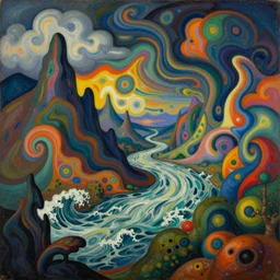 An insane, modernist landscape painting. Wild energy patterns rippling in all directions. Curves, organic, zig-zags. Mountains, clouds. Rushing water. Waves. Psychedelic dream world. Odilon Redon. Tarsila do Amaral.
