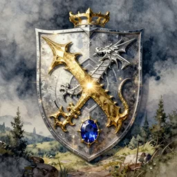 medieval coat of arms in dragon symbol, pinterest, artstation trending, behance, watercolor, by coby whitmore, silver, laser light, gold, sapphire stone