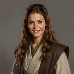 portrait of an woman by Greg Rutkowski, she is about 20 years old, pretty, long brown wavy hair, scar near her mouth that makes her look like she's smiling all the time, wearing jedi robes, Star Wars Expanded Universe, highly detailed portrait, digital painting, artstation, concept art, smooth, sharp foccus ilustration, Artstation HQ