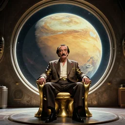 salvador dali as emperor of universe sits on gold futuristic chair in front of huge porthole in which is visible highly detailed planet arrakis | still frame from the movie by alejandro jodorowsky with cinematogrophy of christopher doyle and art direction by hans giger, anamorphic lens, kodakchrome, 8 k