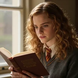 portrait of Emma Watson as Hermione Granger sitting next to a window reading a book, focused expression, detailed eyes, face focus, golden hour, art by Kenne Gregoire and Krenz Cushart, trending on artstation