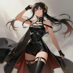 Yor Forger anime character in a beautiful portrait in black leather body suit and thigh high leather stockings with a cape by Ross Tran,artgerm stunning and detailed, with soft lighting energetic posing