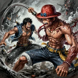 highly detailed painting of Monkey D. luffy fighting Kaido, gruesome, scary, sci-fi, hyper realistic