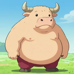 a pot-bellied bull with a bit of muscle , anime, artstation