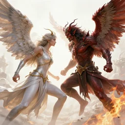 fight between angels and demons, epic, cinematic, brutal by greg rutkowski and huifeng huang, high key lighting, burn, volumetric light, digital art, detailed, intricate