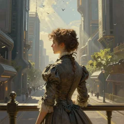 portrait of a victorian lady in a futuristic city, from behind, streets, birds in the sky, sunlight and rays of light shining through trees, tall buildings on the sides, beautiful, solarpunk!!!, highly detailed, digital painting by Peter Mohrbacher, Paul Rembrandt, Michael Garmash, Donato Giancola
