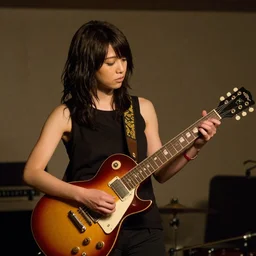 real-life Yui Hirasawa playing with a Gibson Pre-'08 Les Paul Standard, a still of a Japanese music movie