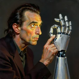 a man inspecting a futuristic robot hand in the style of wayne barlowe, dali, boris vallejo