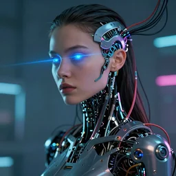 beauty Blade Runner woman, robotic, cyberpunk, neon laser eyes, lots of cables and wiring, electrical details, trending on artstation, by Hajime Sorayama and Boris Vallejo